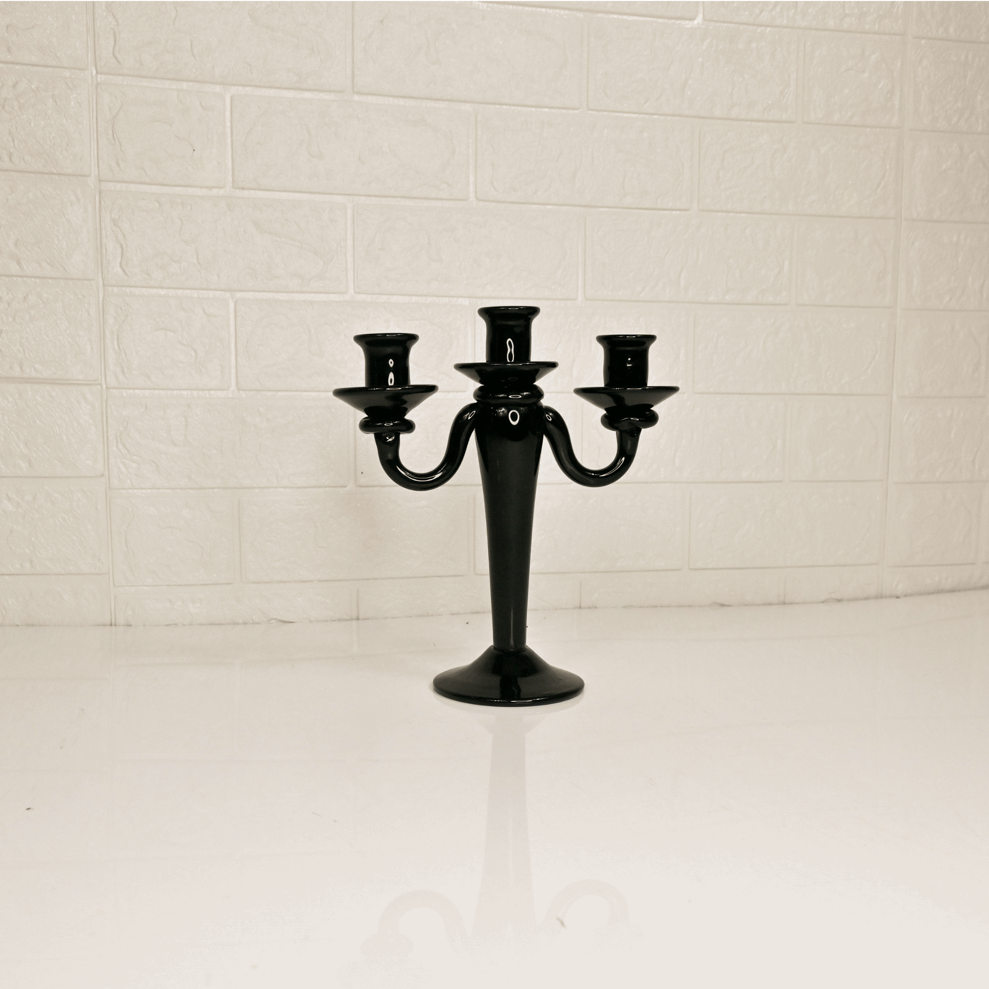 BLACK GLASS CANDLE STAND - Oriental Flowers