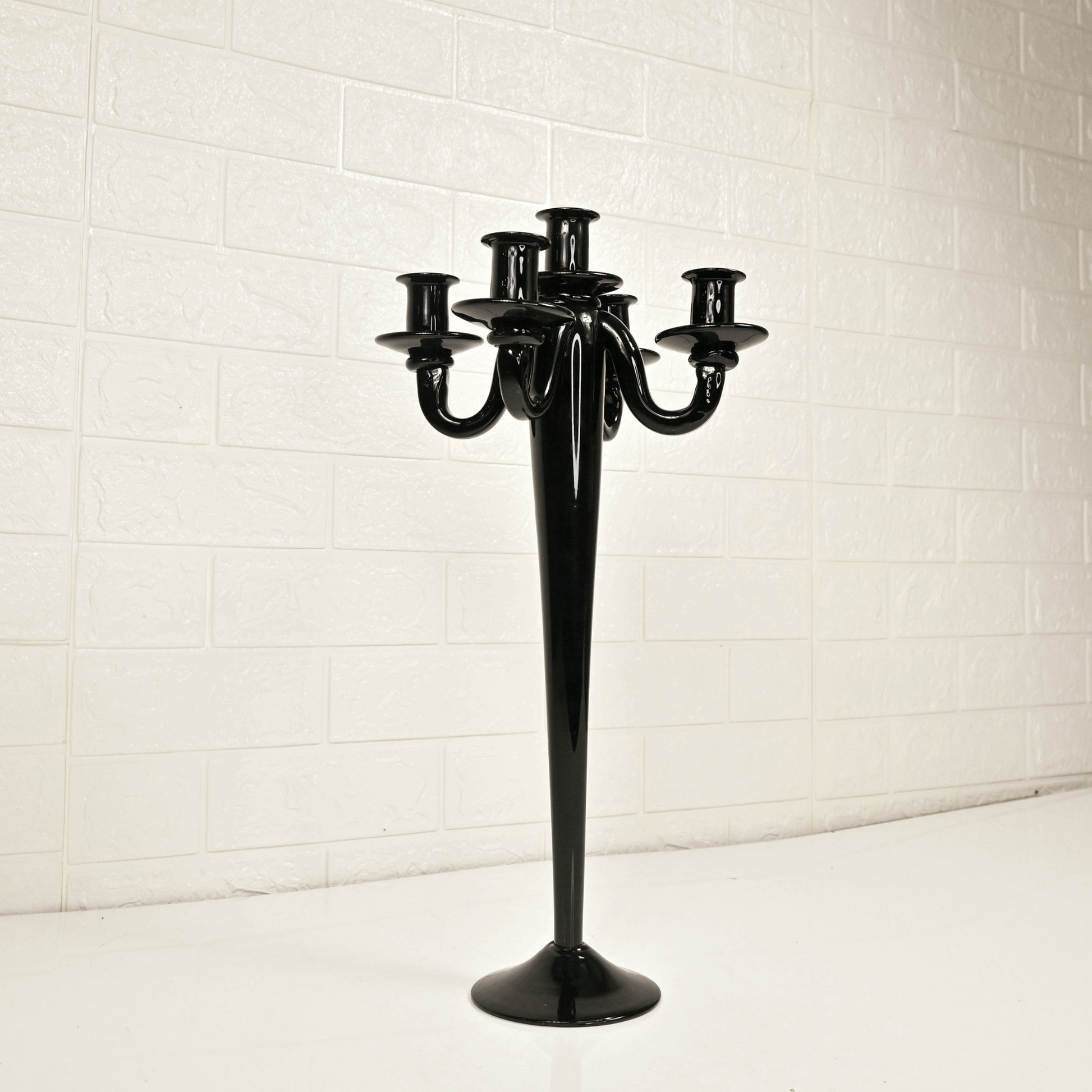 BLACK GLASS CANDLE STAND - Oriental Flowers