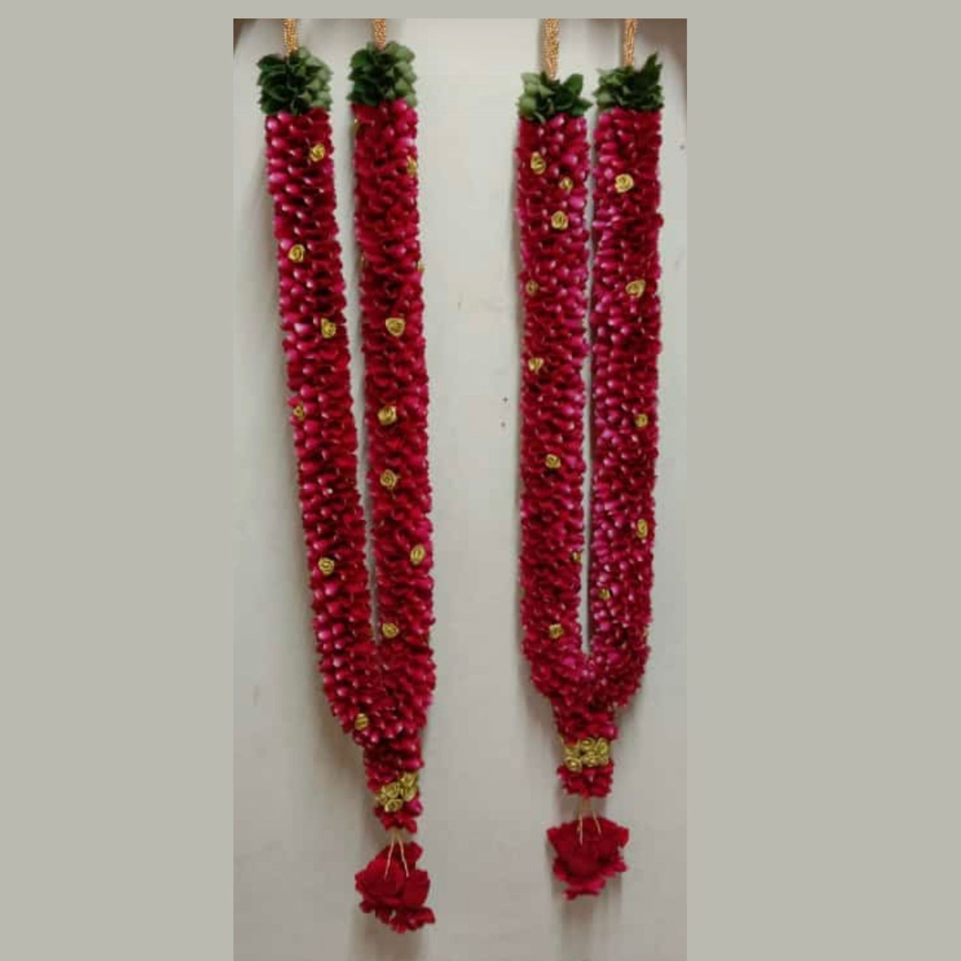 ORIENTAL FLOWERS RED ROSE PETALS WITH STONE AND LEAVES GARLAND - Oriental Flowers